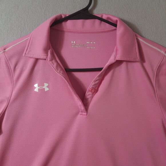 Under Armour Polo Shirt Women’s M Pink Heat Gear Loose Fit Short Sleeve - Picture 2 of 7